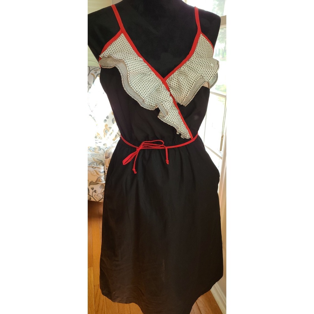 Vtg 80's Kings Row Women's Black Strappy Dress Sz 7 Red Belt 2 Polka Dot Ruffles